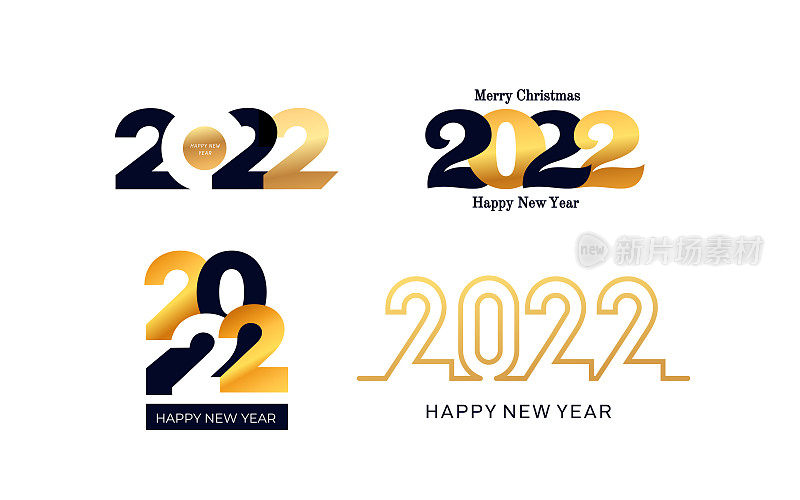 Set of 2022 Happy New Year gold and black logo text design. 20 & 22 golden number design template. Vector illustration 2022 Xmas symbols. Isolated on white background.